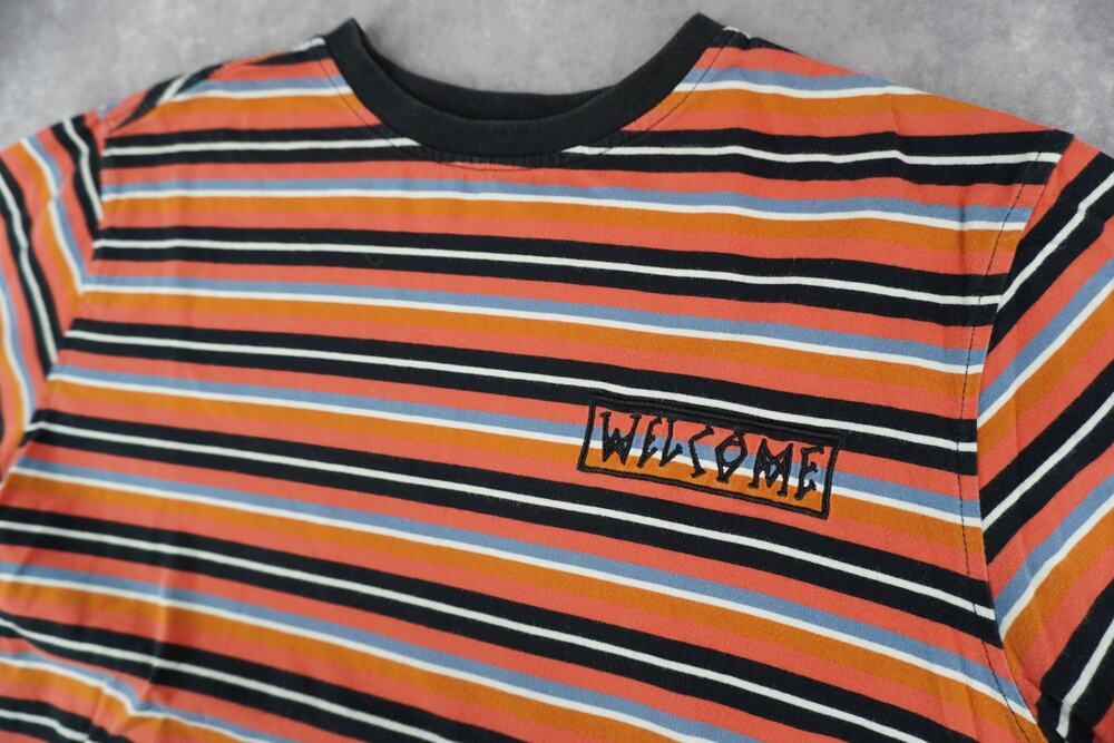 Welcome Skateboards Striped T Shirt Medium Embroidered Logo Retro Skate Tee